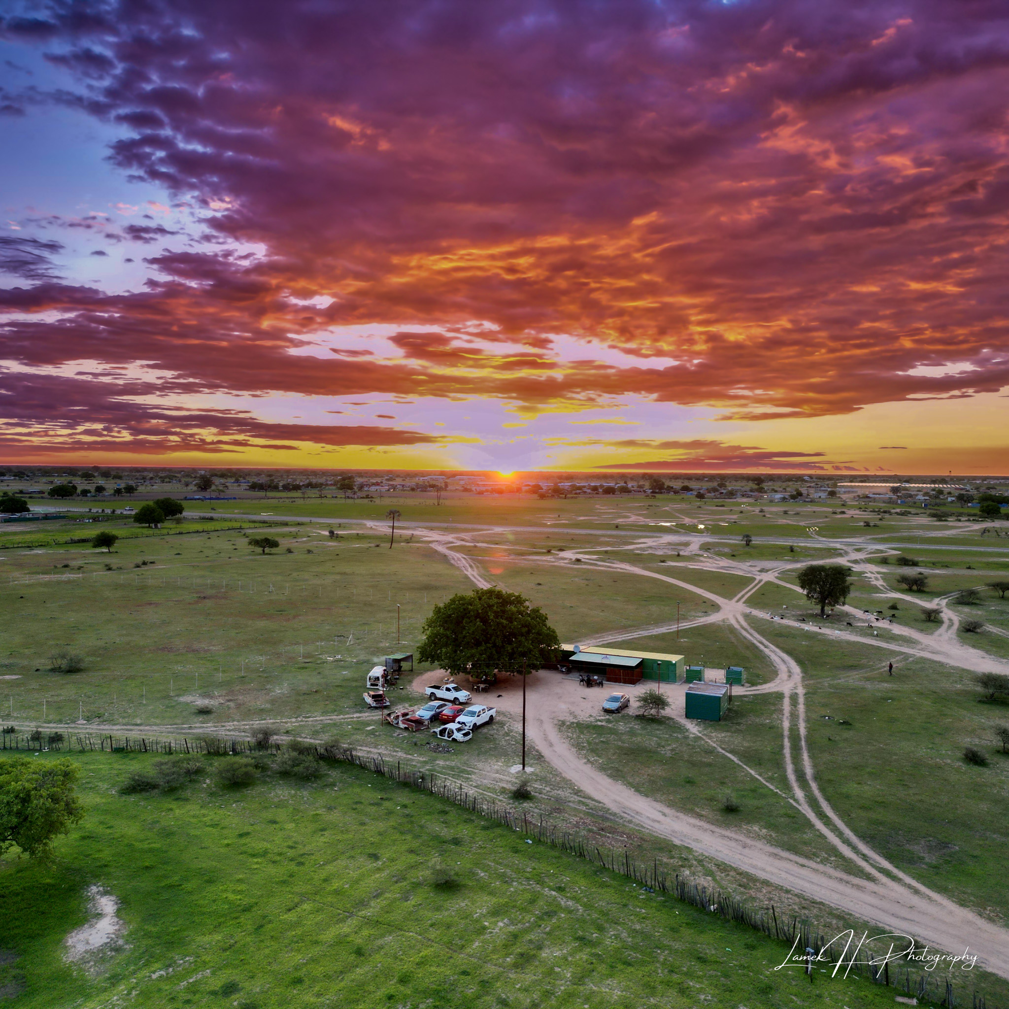 High-resolution aerial view of a luxury lodge in Etosha National Park